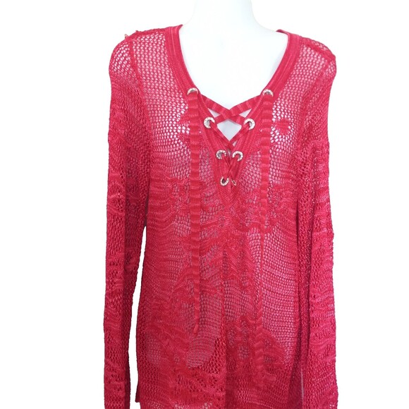 INC  Red  Asymmetric  Open  Knit  Sweater with Lace up Front Size Large - Picture 2 of 5
